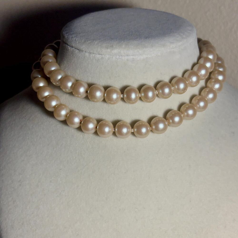 Cream Faux Pearl Double Strand Necklace, Rhinestone Clasp